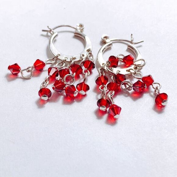 Vintage Artisan Sterling Silver Swarovski Red Crystal Dangle Earrings Handmade - Picture 9 of 13